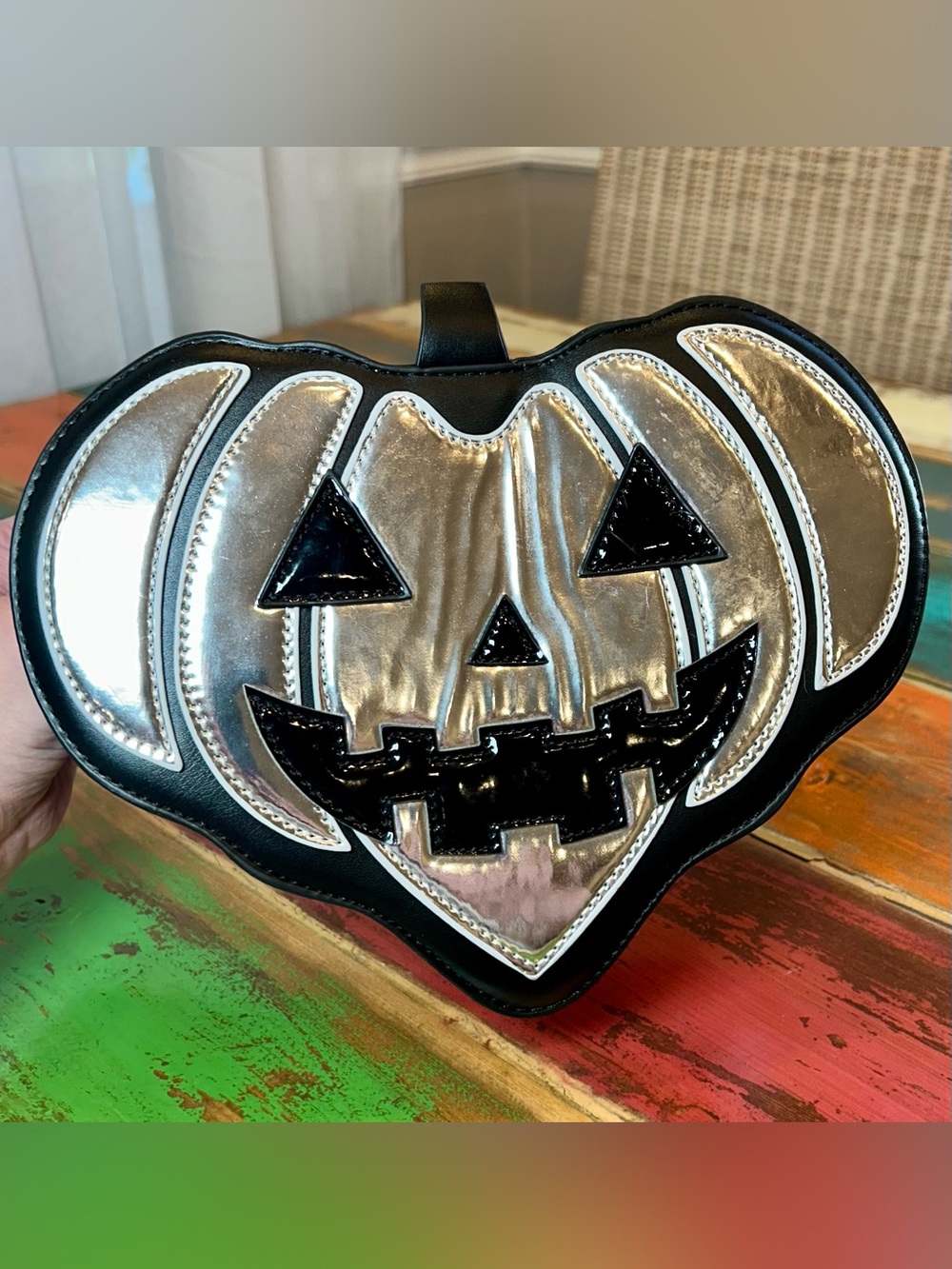 Y2K Gothic Silver Metallic Heart Jack O’ Lantern Pumpkin Crossbody Purse